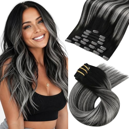 Image of Moresoo Clip in Hair Extensions Black Ombre Grey Remy Double Weft Hair Extensions Clip ins Real Human Hair Balayage Black and Silver for Long Straight 7 Pieces 120 Grams 24 inch