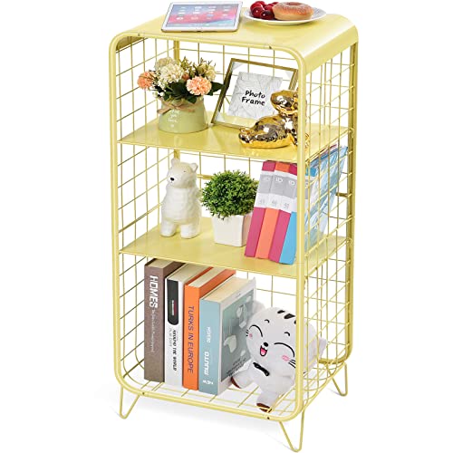 Image of SEVVY - Side Table - Modern Sofa End Table with Storage Shelf - Compactable Night Stand - Metal Adjustable 2 Middle Board - Detachable Shelf - No Screws - 3-Tier - Yellow