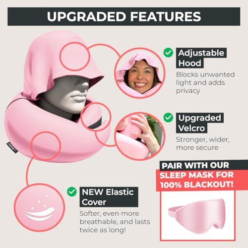 Image of FlyHugz 2.0 Hooded Travel Pillow - 2026 Original Release - Memory Foam Neck Pillow with Adjustable Hood & Premium Elastic Washable Cover - First Class Comfort for Flights, Road Trips & Sleep- Pink