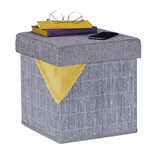 Pouf Contenitore Sgabello Pieghevole in bambù Poggiapiedi Imbottito con Coperchio HLP 36x35x35 cm grigio