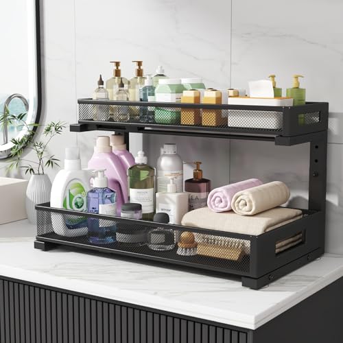 Image of 2 Pack 19IN Depth Under Sink Storage Organizer, Large 2-Tier Elegant Mesh Pull Out Shelf for Kitchen and Bathroom Cabinet Organization, L-Shaped and Adjustable Height Design-Black