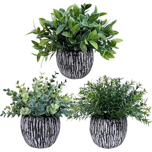 Winlyn Set of 3 Artificial Potted Plants Faux Eucalyptus Rosemary Boxwood Greenery in Black & White Concrete Pots Small Fake Plant for Indoor Outdoor Home Office Table Shelf Windowsill Greens Décor