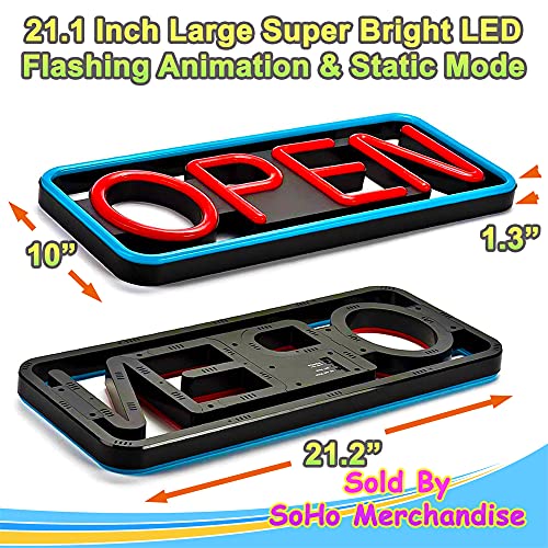 Led Open Sign | Large Size Bright Neon Open Neon Sign With Remote Control | Animated Flashing Business Window Door Open Signs | Lighted Store Shop Open Sign (21" X 10" Rectangle, Red & Blue) #TOP2