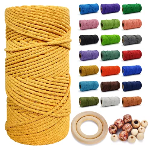 Hdviai Macrame Cotton Cord 5mm x 109 Yards - Natural Handmade Colorful Macrame Rope - 4 Strand Twisted Cotton Rope for Wall Hanging Tapestry Plant Hangers Gift Wrapping DIY Craft (Golden)