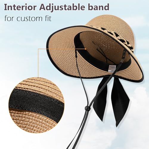 Image of MTRoyaldia Beach Sun Straw Hats for Women, UPF 50+ UV Sun Protection Wide Brim Summer Straw Hat Foldable Packable Roll up Cap Deep Khaki