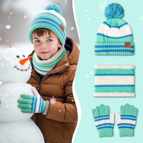 Image of Kids Winter Hat Gloves Scarf Set: Girls Boys Beanie Fleece Lined Ages 6-10