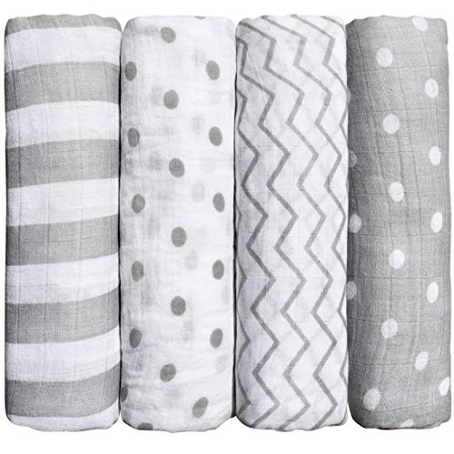 CuddleBug Mousseline Swaddle wikkeldeken baby - (verpakking van 4) grote mousseline deken voor pasgeborenen - 120 x 120 cm (punten en strepen)