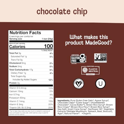 Image of MadeGood Chocolate Chip Granola Bars, 6 Healthy Snack Bars, 0.85 oz Each
