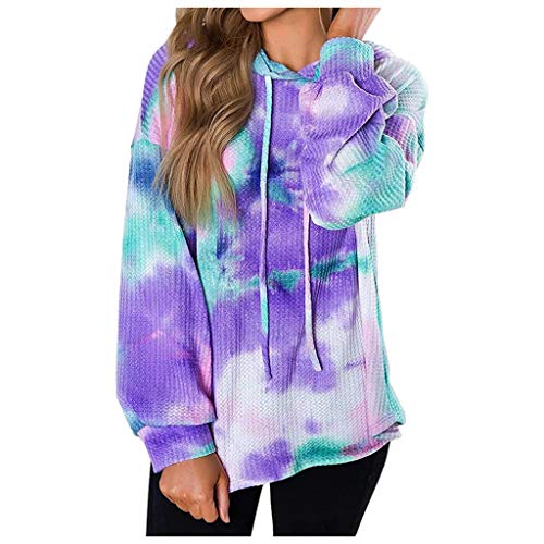 ThsiJJ Women's Blouse Womens Tie Dye Waffle Knit Long Sleeve Shirts Hooded Puff Loose Tops Sweatshirts Drawstring