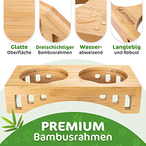 giriniwee Qualitäts Futter Bar mit Zwei super flachen 250ml Porzellannäpfen im Bambusgestell, erhöhte Doppelschale für Katzen, Kitten, kleine, Mini oder Zwerghunde, Toy Dogs & andere kleine Haustiere