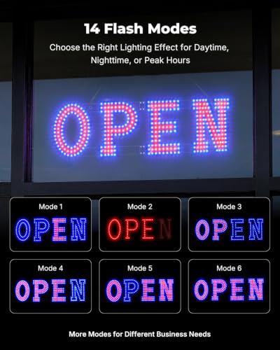 Image of 32 x 10 Inch LED Open Sign for Business - Timer via BT APP & Remote Control, Ultra Bright Open Sign with 14 Flash Modes, 6 Dimming Levels & 6 Speed Control for Salon Cafe Restaurant (Red & Blue)