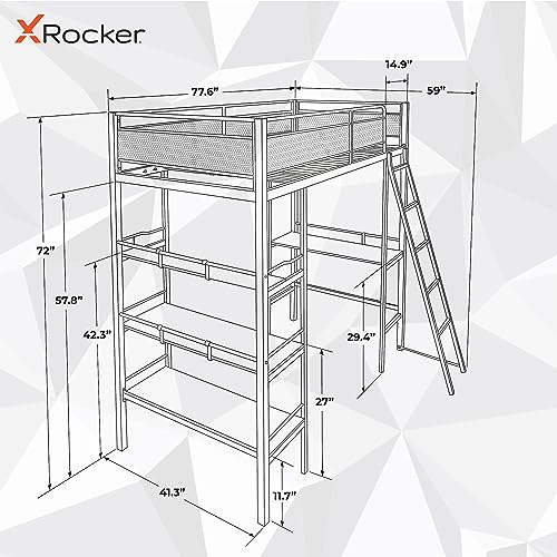 X Rocker Fortress Gaming Bunk Bed, Durable Metal Frame with Built-In Desk, 3 Shelves, 2112101, 77.64\" x 59.17\" x 72.05\", Twin, Black