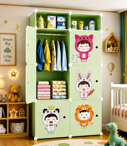 Image of EXVITO 6+2 Door Kids Plastic Wardrobe for Clothes, Foldable Plastic Almirah for Clothes, Collapsible Wardrobe for Storage, Baby Cupboard for Clothes, Storage Rack for Kids - Dyno Green