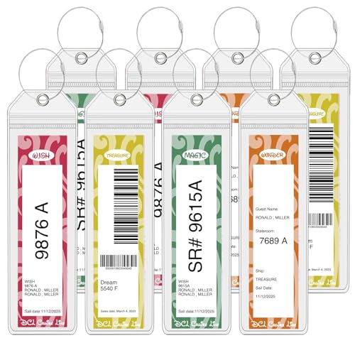 8 Pack DCL Cruise Luggage Tag Holders, Waterproof Durable Plastic with Steel Loops, Fits All DCL Ships Dream, Fantasy, Magic, Wonder, Wish, Treasure, Adventure, DCL Cruise Ship Essentials Must Haves