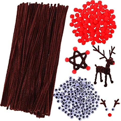 Cooraby 400 Pieces Christmas Pom Poms Fluffy Pompoms Brown Pipe Cleaners Chenille Stems Wiggle Googly Eyes for Christmas Reindeer Crafts DIY Making (Color A) Cover