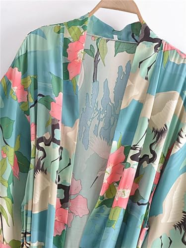 Mnjyihy Women Floral Print Rayon Cotton Sashes Bohemian Kimono Robe V Neck Boho Bikini Cover-Ups2