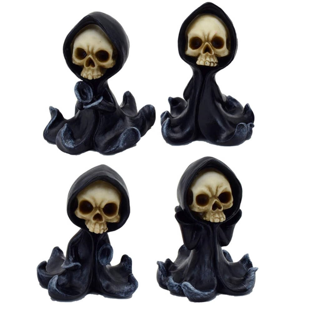 Grim Reaper Skull Gothic Ornament Figurine Mini Sculpture Pagan Wiccan SET OF 2