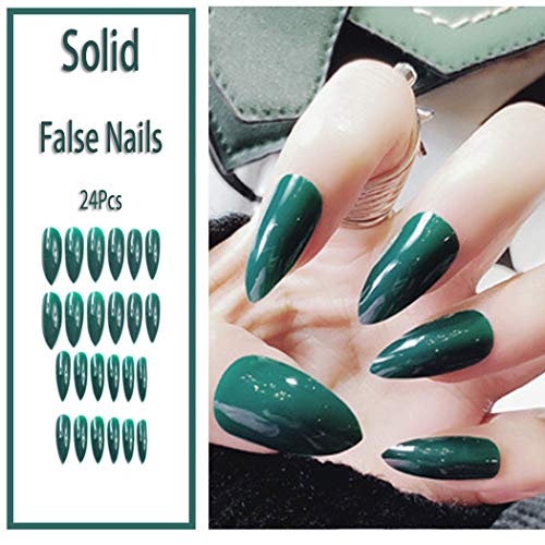 Sethexy Different Pure Color Glossy Sharp False Nails Bright Fashion Stiletto FUll Cover Long Acrylic Claw 24Pcs Fake Nails for Women and Girls (Green)