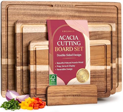 Acacia Wood Cutting Board for Kitchen, Non-Toxic Cutting Board Set of 3, Chopping Boards with Deep Juice Groove for Meat, Cheese & Vegetables - Durable & Double sided with serving Compartments