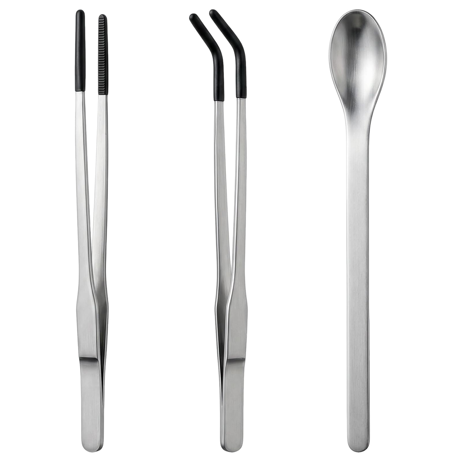 Nutfoam 3 Pcs Reptile Feeding Tongs with Rubber Tip, Stainless Steel Long Tweezers Set with Straight and Curved Aquarium Tweezers and Feeding Spoon for Lizards, Snakes, Aquariums and Terrariums
