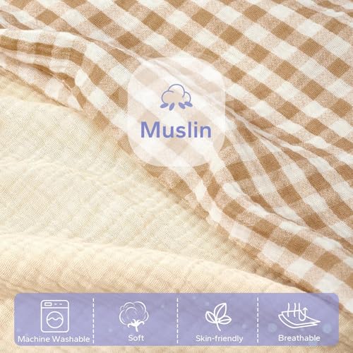 Image of FUNUPUP Muslin Baby Lounger Cover Only, Beige & Plaid | 100% Muslin Cotton Soft Breathable Easy On /Off Envelope Closure Machine Washable Easy-Clean Protector Neutral Colors