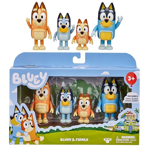 BlueY 4er-Figuren-Set Familie, Bingo, Bandit und Chilli; 6,3-7,6 cm große Figuren mit beweglichen Gelenken – offizieller Sammelartikel