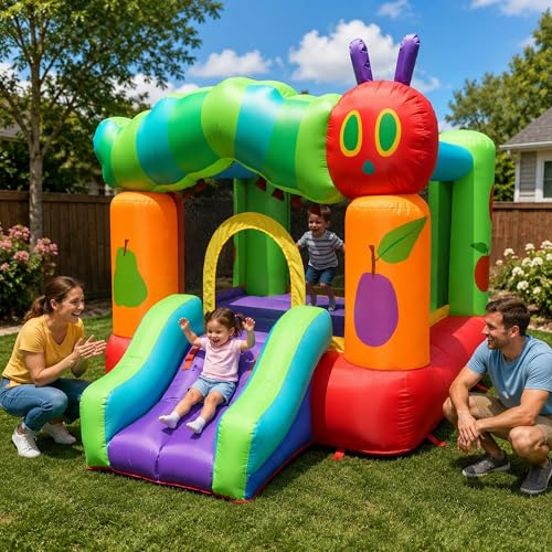 Backyard Kids The Very Hungry Caterpillar™ Inflatable Bounce House with Blower – Indoor Outdoor Toddler Bouncer for Kids Ages 3-10, 8.2ft Playhouse with Slide, Mesh Safety Net, Storage Bag & Stakes