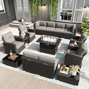 LayinSun 15 Pieces Patio Furniture Set with Fire Pit Table Black Rattan Modular Sectional Outdoor Conversation Sofa Set Swivel Rocking Chairs Set