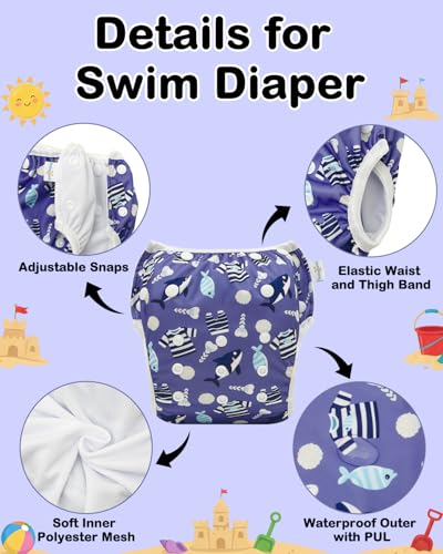 Image of Babygoal Swim Diapers 3 Pack for 8 Months-3 Years Infant and Toddler, Reusable Adjustable Washable for Baby Swimming Lessons-Fish & Shark