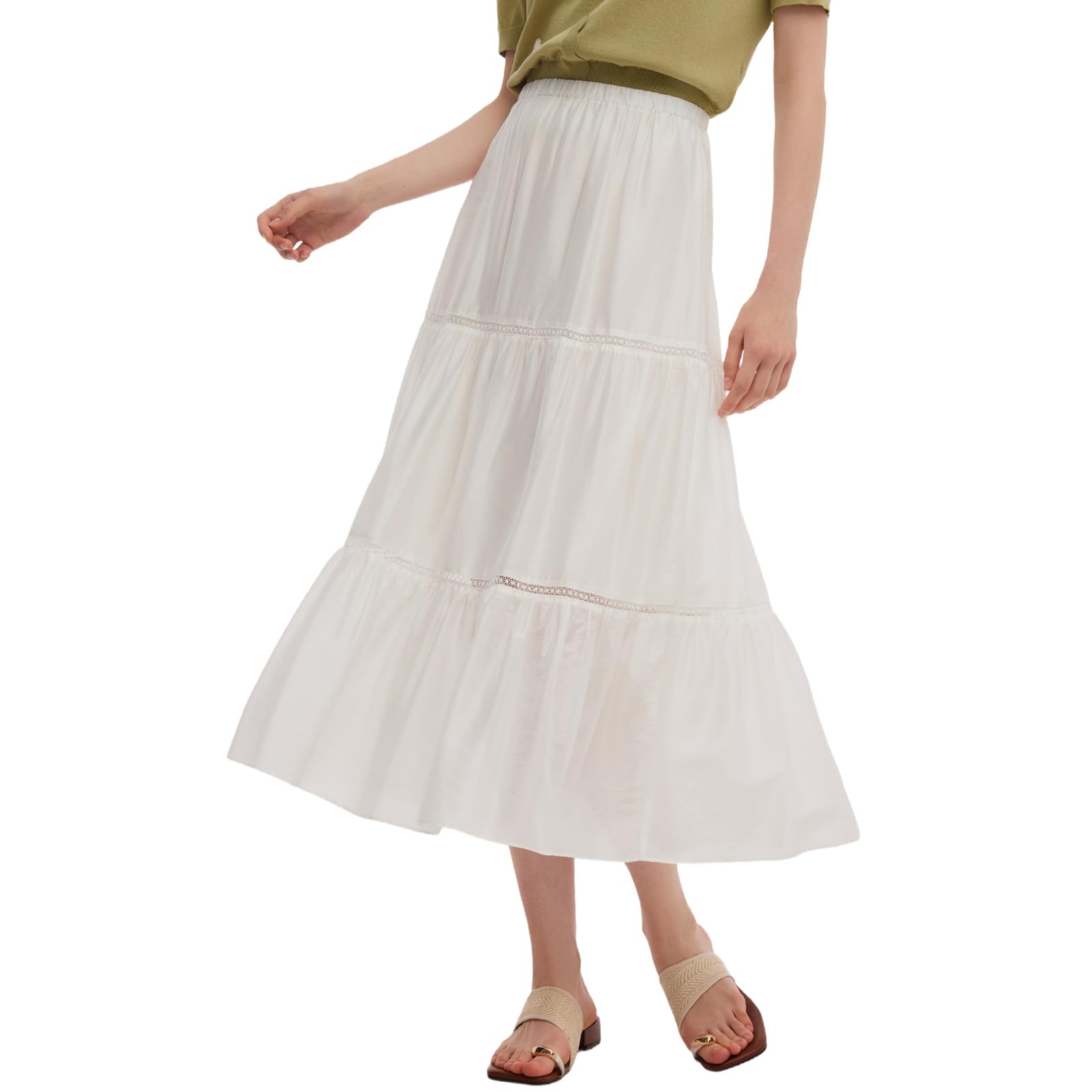 GOELIA Skirts for Women Tiered Midi Ruffled A Line Elastic Waist Lace-Trim Layered Long Skirts for Women Trendy