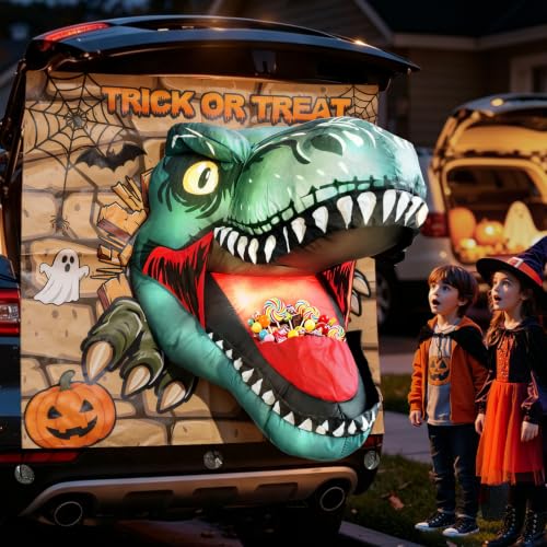 Trunk or Treat Car Decorations Kit 4ft Inflatable Dinosaur with Built-in LEDs, Halloween Decorations Outdoor Outside, Halloween Blow up Yard Decoration Dinosaur, Trunk or Treat Decoration for SUV