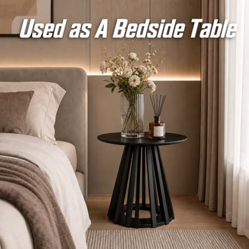 Image of HNY Round Fluted End Table, 19.7 inch Modern Black Side Table, Mid Century Wood Circle Bedside Tables Drink Table Nightstand for Bedroom, Living Room, Small Space
