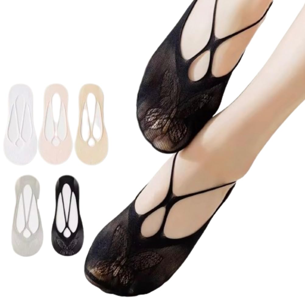 pack of 5 Women's Lace Jacquard No Show Socks, Anti-Slip, Assorted Colours-image-2