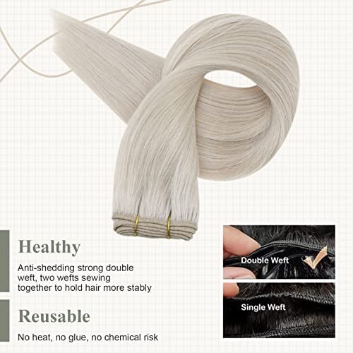 Fshine Real Human Hair Weft Extensions,18 Inch 100 g,Straight Invisible,Color 1000 White Blonde,Flexible for Any Hairstyle Reusable Hair,Bridal Style for Women - Image 4