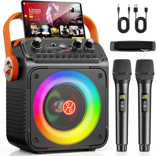 Image of Karaoke Machine, Portable Bluetooth Karaoke Speaker with 2 Wireless Microphones for Adults, PA System with Echo Adjustment, LED Lights, Supports USB /TF /REC /FM /AUX, for Home Party, Outdoor
