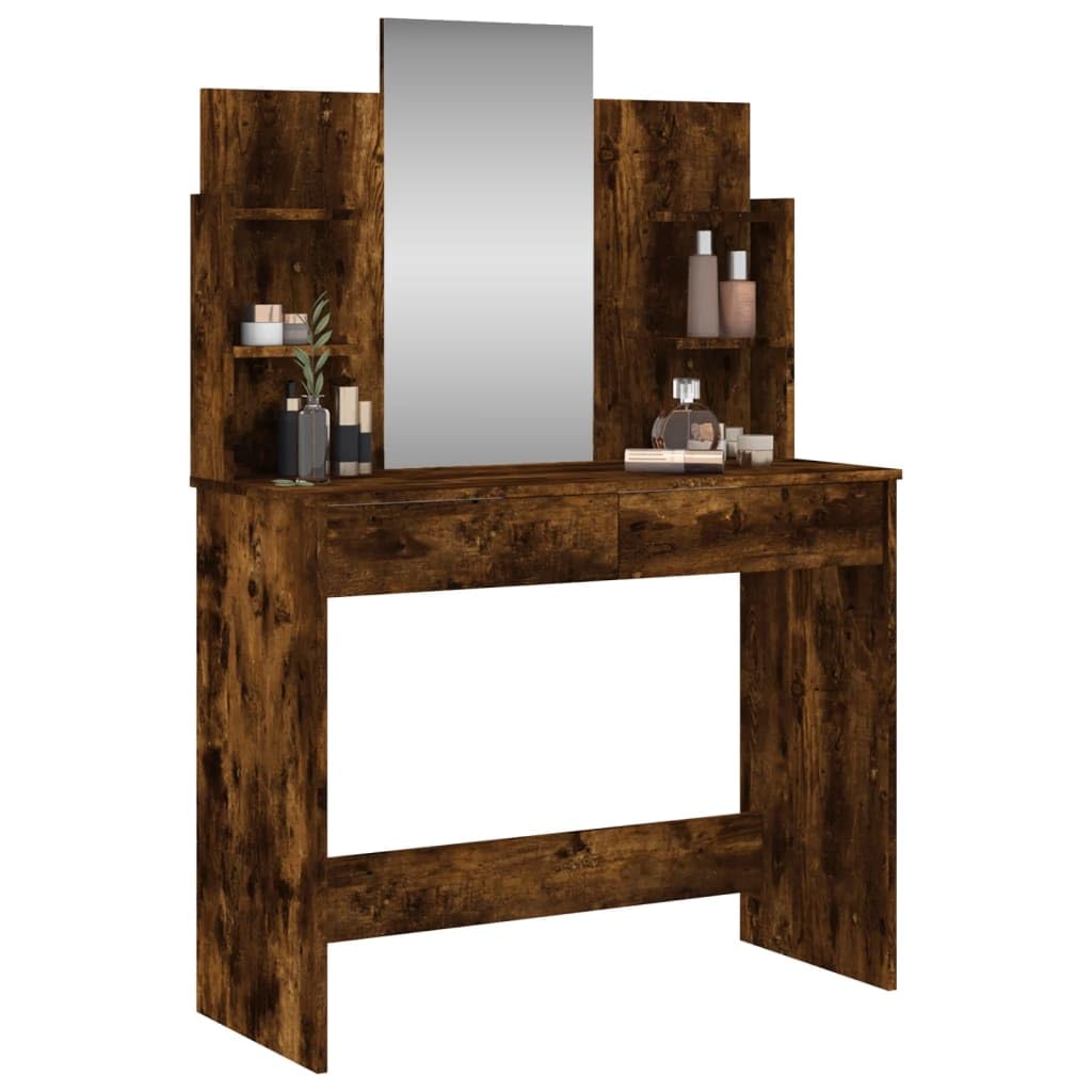 Schminktisch mit Spiegel Räuchereiche Holzwerkstoff 96x39x142 cm mit Schublade Ablage Stauraum und Hocker für Schlafzimmer Ankleidezimmer Jugendzimmer Mädchen