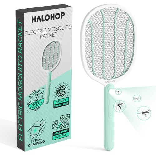Halohop Mosquito Bat with Torch Light, 30% Bigger Mosquito Killer Racket, Type C Rechargeable Electric Fly Swatter for Indoor and Outdoor, Mosquito Racket with 6 Month Warranty