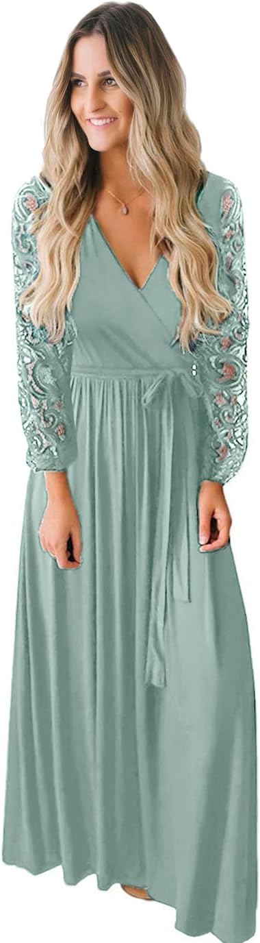 Kranda Womens Vintage Floral Lace Long Sleeve Faux Wrap V Neck Party Long Maxi Dress