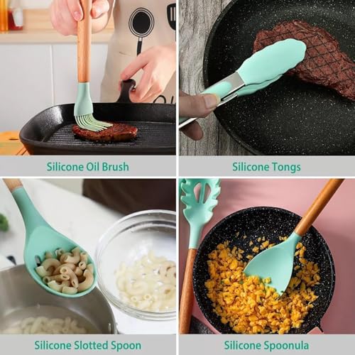 Image of 12 Pcs Silicone Kitchen Utensils Set with Holder | Heat Resistant Non-Stick Cooking Tools with Wooden Handles | Spatula, Spoon, Turner, Tongs Set | BPA Free Kitchen Accessories (12 PCS Set)