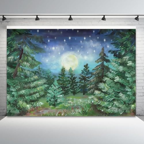 7x5ft Starry Night Forest Backdrop Jungle Night Moonlight Forest Pine Tree Forest Big Moon Photography Background Kids Baby Birthday Baby Shower Party Decor Cake Table Studio Photo Props