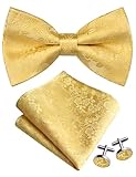 Gusleson Gold Bow Tie and Pocket Square Set for Men Yellow Floral Pre-Tied Bowties Cufflinks for Wedding (UK0493-24)