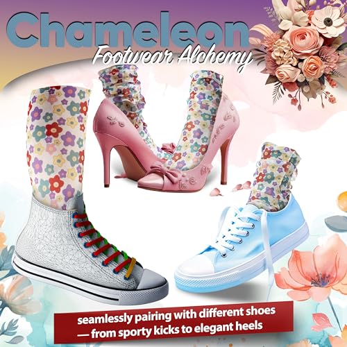 Image of Multicolor Sheer Mesh Socks - Flowers Bouquet with Milky Light Accents - Women Ankle Socks with Floral Pattern - (US sizes 6-8)