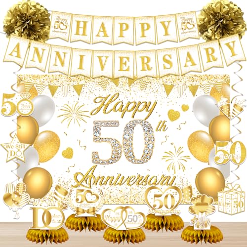 50th Anniversary Decorations, 50th Wedding Anniversary Party Supplies – White Gold Backdrop, Banner, Centerpieces, Hanging Swirls, Pom Poms for 50 Year Celebration (White Gold)