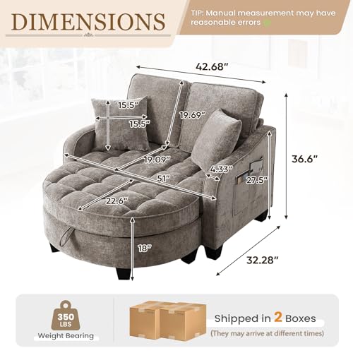 Image of Oversized Chair and A Half, Chenille Tufting Accent Cozy Reading Sofa Chair with Storage Ottoman, Upholstered Loveseat Chaise Lounge Sofa with Adjustable Back for Living Room, Office, Sunroom, Brown