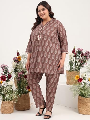 Image of Tissu Women's Plus Size Pure Cotton Red Asymmetrical Top with Trouser Co-ord Set