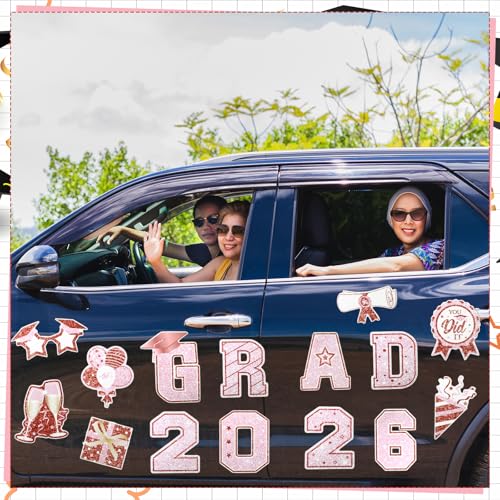 Image of Landhoow 30 Pcs Graduation Car Magnets 2026 Senior Graduation Car Decoration Bumper Sticker Congrats Grad Magnet Magnetic Refrigerator Decal for Grad Parade Party Supplies (Pink, Rose Gold)