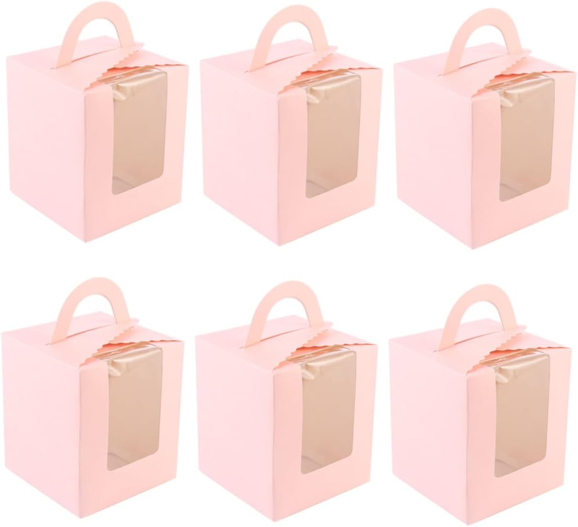 NUOBESTY 50pcs Pink Single Muffin Paper Cake Box with Handle and Window, Cupcake Container for Party Dessert Storage and Wedding Bakery Packaging