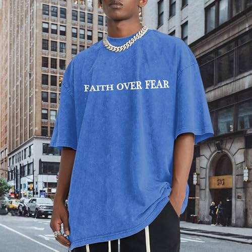 Image of Christian Faith Over Fear Shirt for Men Jesus Religious Shirts Oversized Graphic Tees Acid Wash God T-Shirt