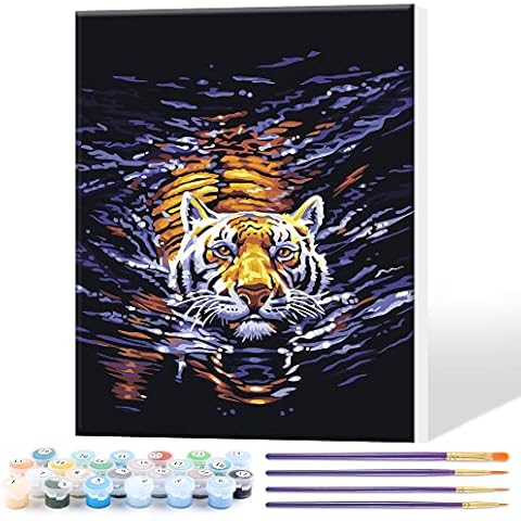 Toudorp DIY Oil Painting by Numbers Animals, Canvas Oil Painting Water Tiger for Adults and Drawing Beginner Painting by Numbers with Brushes Wooden Frame 16 x 20 Inches Cover