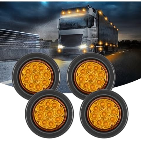 FXC 4Pack 2 Inch Round Truck Trailer LED Side Marker Clearance Lights 9 Diodes with Reflectors Waterproof 12V Side Fender Marker Light with Grommets and Wire Pigtail (Amber) Cover